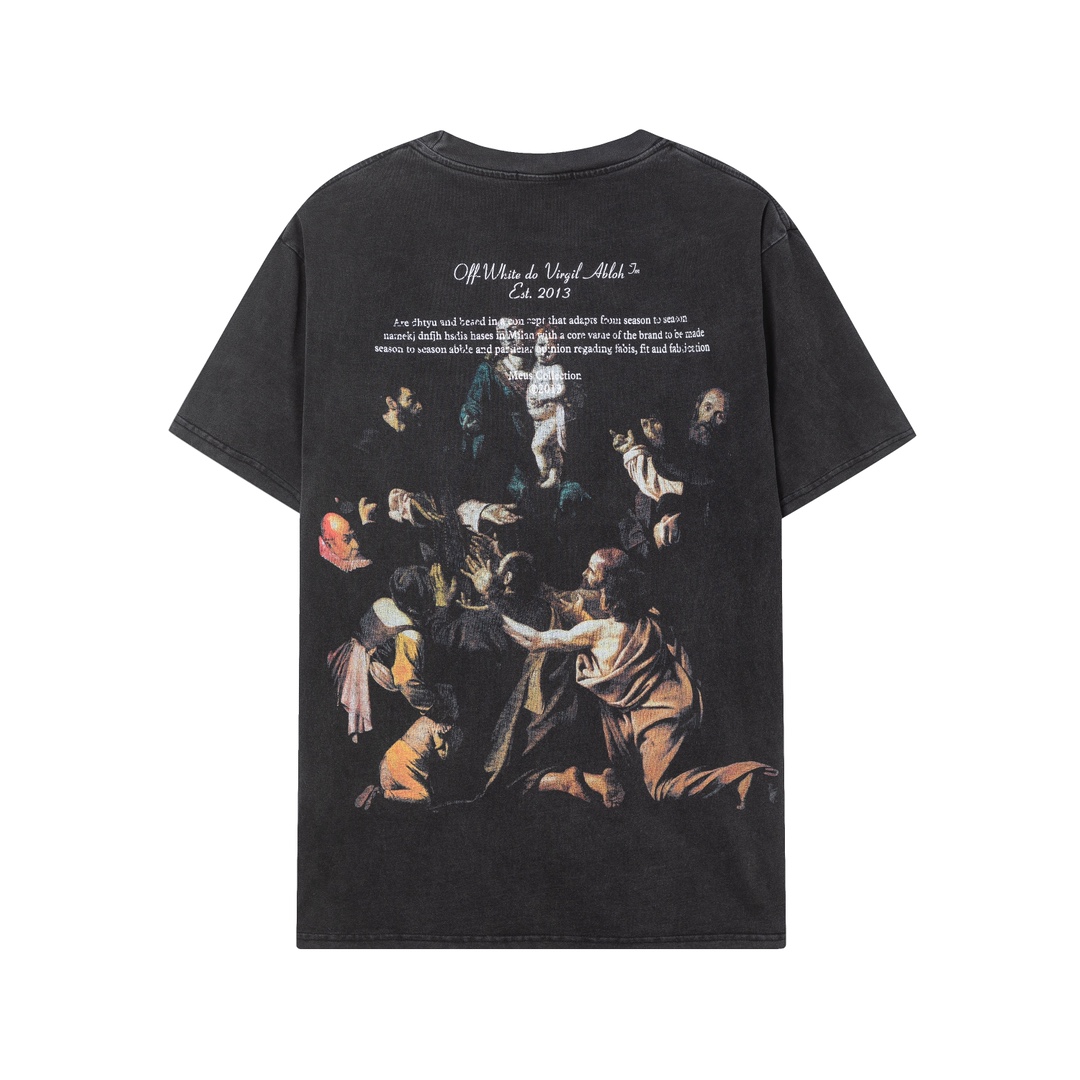 P75 off white 24n新款彩色人像油画洗水款短袖T恤 颜色：黑色 尺码：M L XL