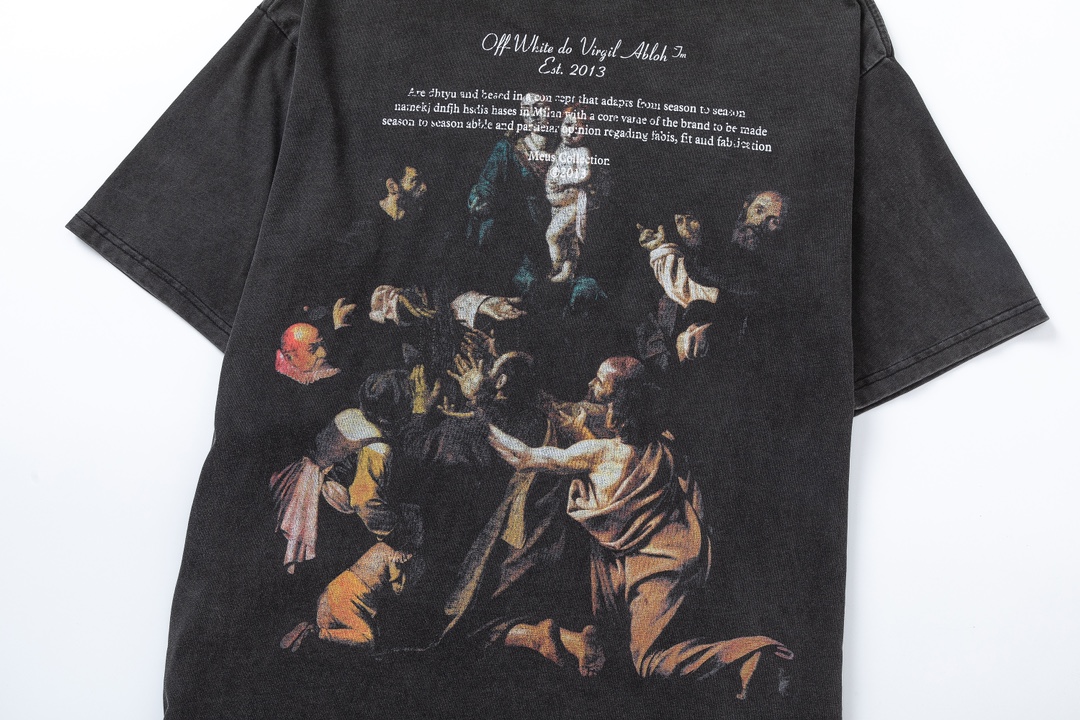 P75 off white 24n新款彩色人像油画洗水款短袖T恤 颜色：黑色 尺码：M L XL