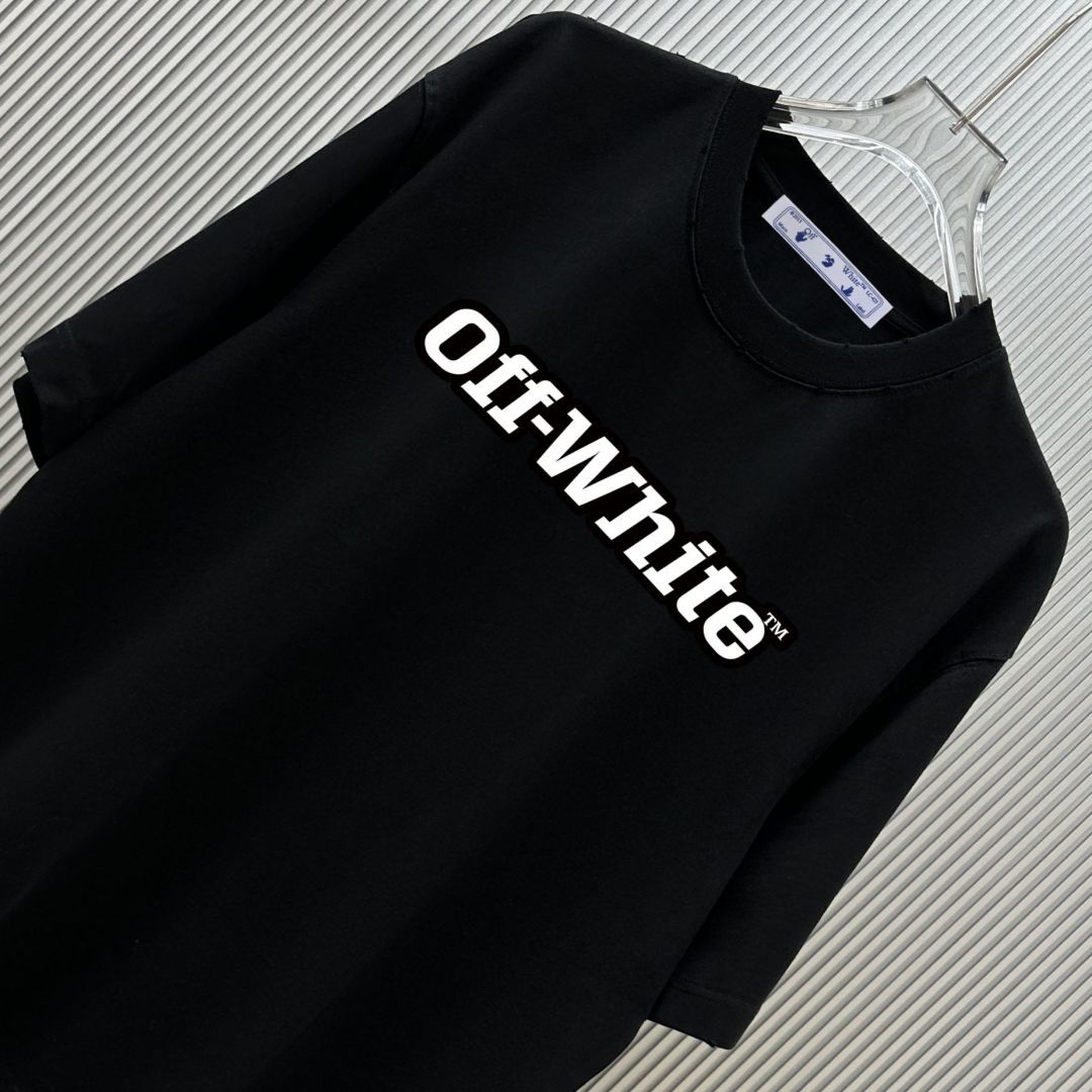 P75 （严控品质 ） 款式：off-white短袖T恤 面料：300克重双纱100%棉 罗纹：320克重索络纳1*1潮牌 工艺：洗水磨破印花 颜色：白 卡其 灰 黑 尺码：M—4XL 无性别区分 男女同款