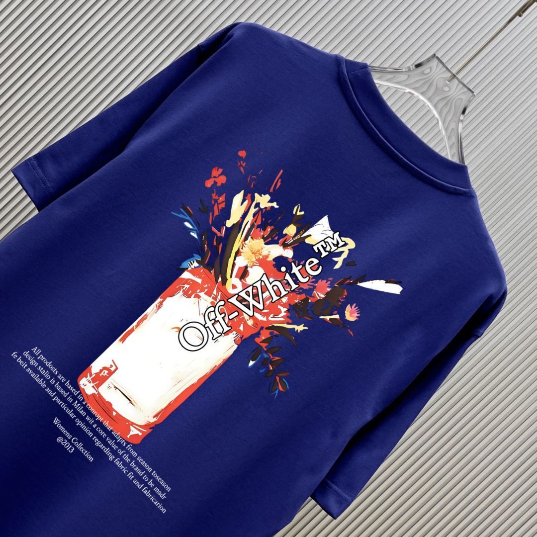 P70 （严控品质 ） 款式：off-white短袖T恤 面料：300克重双纱100%棉 罗纹：320克重索络纳1*1潮牌 工艺：印花 颜色：白 橙 花灰 红 炫酷蓝 黑 尺码：M—4XL 无性别区分 男女同款