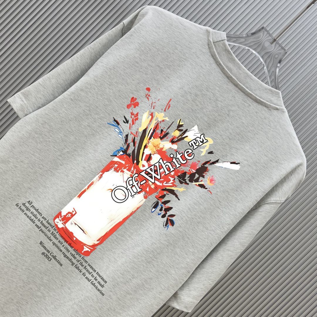 P70 （严控品质 ） 款式：off-white短袖T恤 面料：300克重双纱100%棉 罗纹：320克重索络纳1*1潮牌 工艺：印花 颜色：白 橙 花灰 红 炫酷蓝 黑 尺码：M—4XL 无性别区分 男女同款