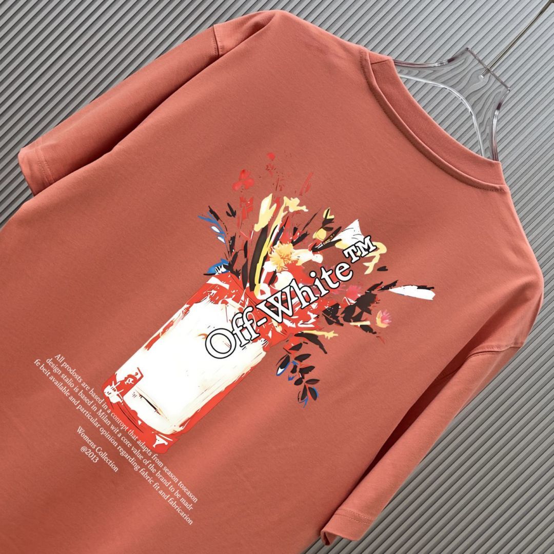 P70 （严控品质 ） 款式：off-white短袖T恤 面料：300克重双纱100%棉 罗纹：320克重索络纳1*1潮牌 工艺：印花 颜色：白 橙 花灰 红 炫酷蓝 黑 尺码：M—4XL 无性别区分 男女同款