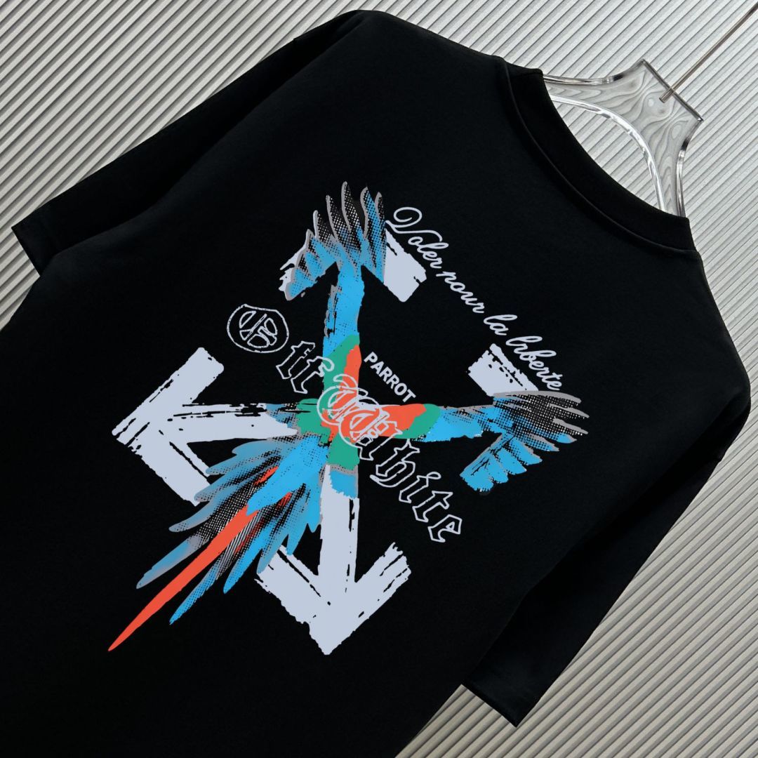 P70 （严控品质 ） 款式：off-white短袖T恤 面料：300克重双纱100%棉 罗纹：320克重索络纳1*1潮牌 工艺：印花 颜色：白 粉 花灰 橙 红 黑 尺码：M—4XL 无性别区分 男女同款