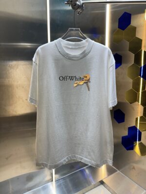 P80 OFF-white/2026春夏新款 洗水磨破320克圆领短袖tee 男女同款宽松版 吊牌 领标 洗水唛 三标齐全 颜色 :洗水黑 洗水白 洗水灰 褐色 尺码 :S M L XL XXL