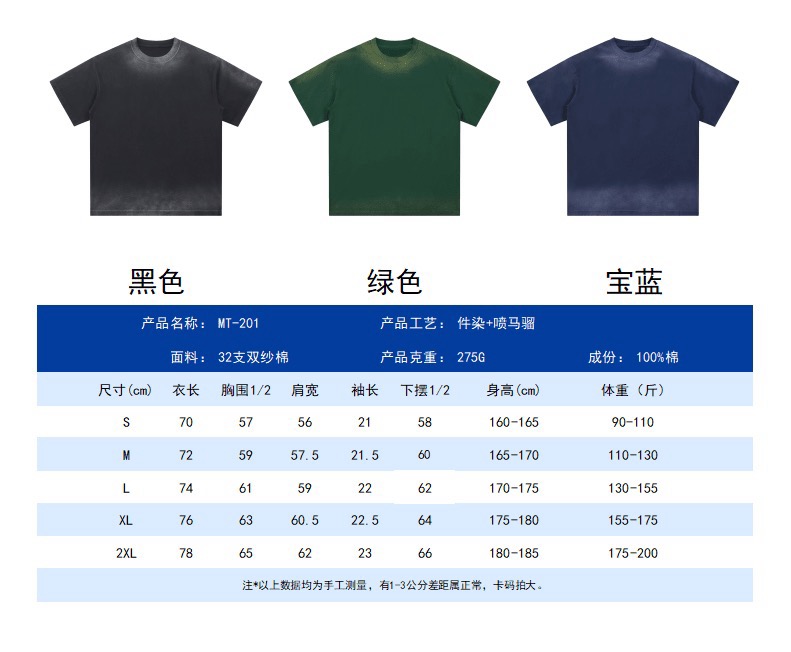 P80 《𝙉𝙚𝙬⚜️off》 2026春夏新款短袖T恤 32支275克重磅双纱棉、做旧洗水渐变印花 颜色：黑色 绿色 宝蓝色 码数：S M L XL XXL