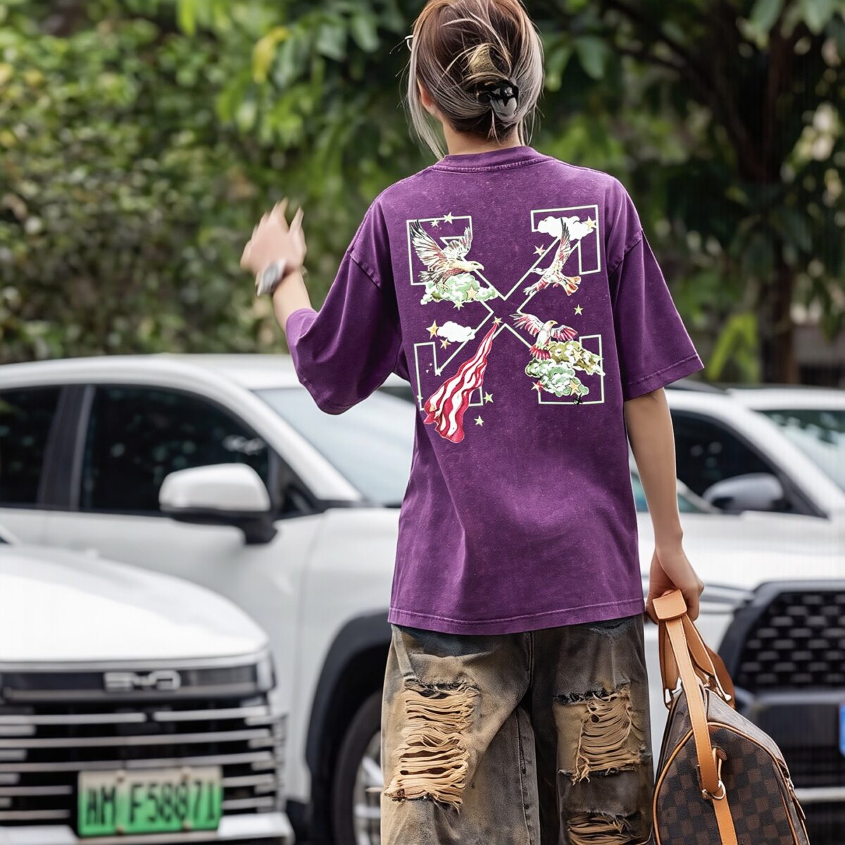 P80 《𝙉𝙚𝙬⚜️off》 2026春夏新款短袖T恤 32支275克双纱棉、做旧洗水炒雪花印花 颜色：橙色 黑色 香芋紫 杏色 码数：S M L XL XXL