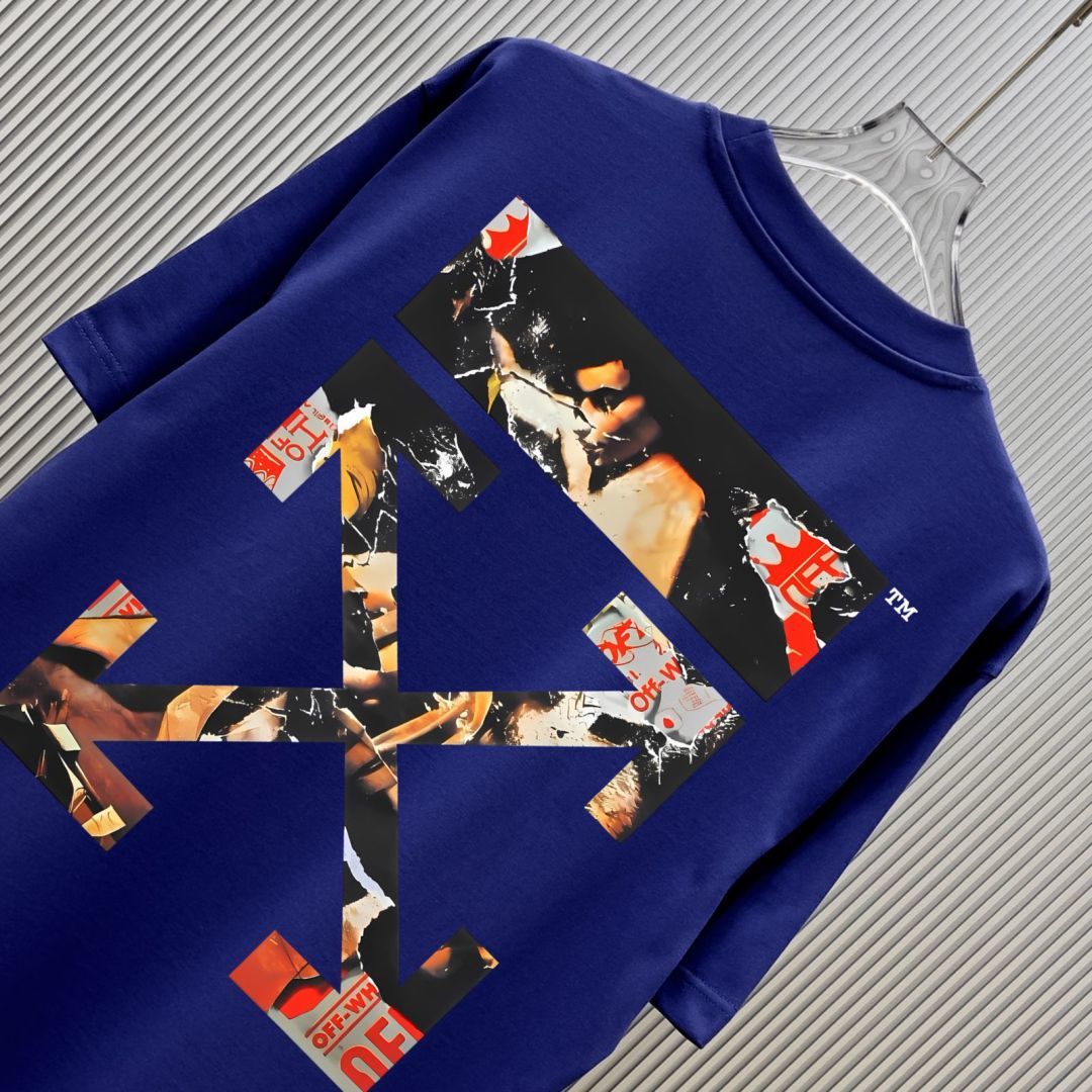 P70 （严控品质 ） 款式：off-white短袖T恤 面料：300克重双纱100%棉 罗纹：320克重索络纳1*1潮牌 工艺：印花 颜色：白 炫酷蓝 黑 尺码：M—4XL 无性别区分 男女同款