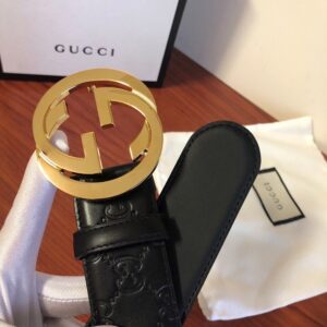 GUCCI古弛意大利制造经典双G压花进口牛皮腰带皮带，商务休闲，宽度:38mm 专柜包装