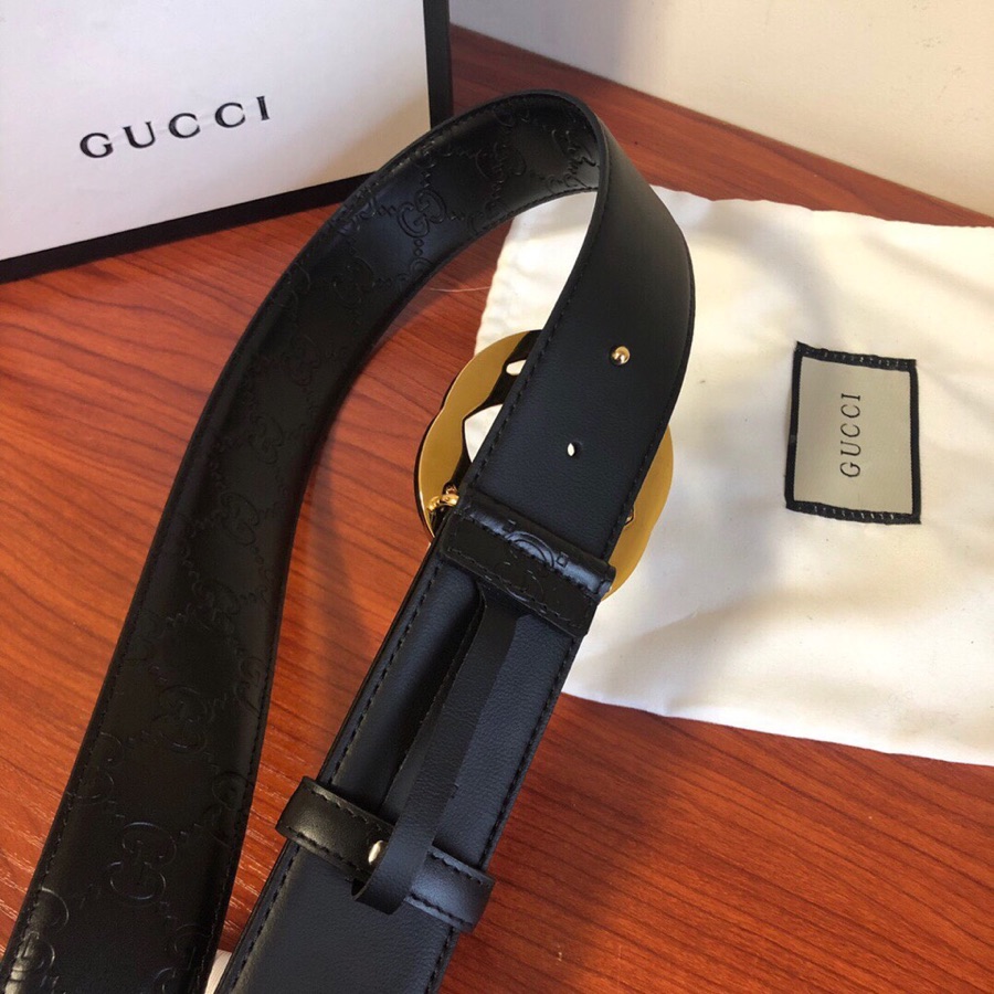 GUCCI古弛意大利制造经典双G压花进口牛皮腰带皮带，商务休闲，宽度:38mm 专柜包装 /
