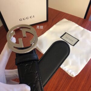 GUCCI古弛意大利制造经典双G压花进口牛皮腰带皮带，商务休闲，宽度:38mm 专柜包装 /