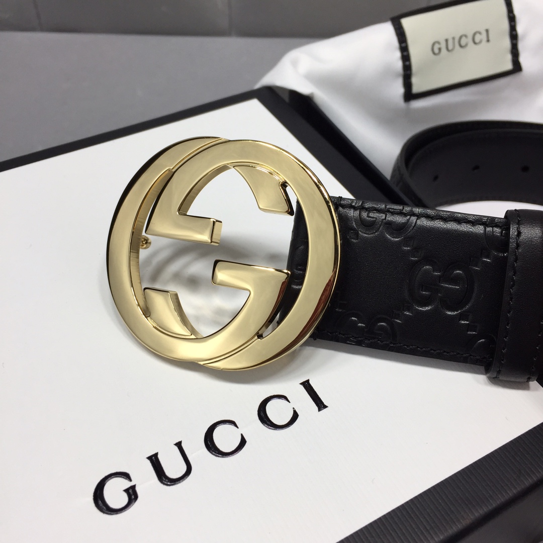 GUCCI 经典全皮压花，原版进口南非皮底，精品双G钢扣 宽度：40mm /