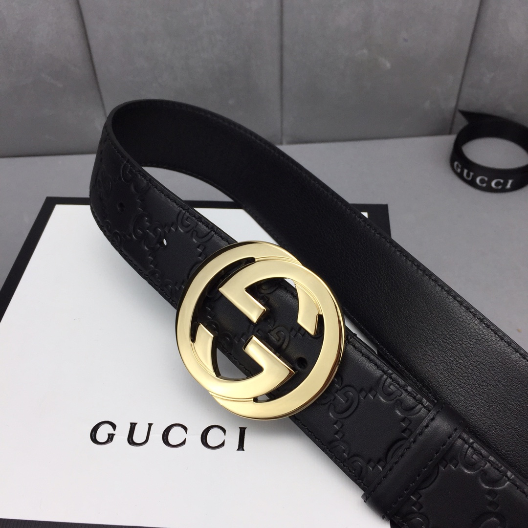 GUCCI 经典全皮压花，原版进口南非皮底，精品双G钢扣 宽度：40mm /