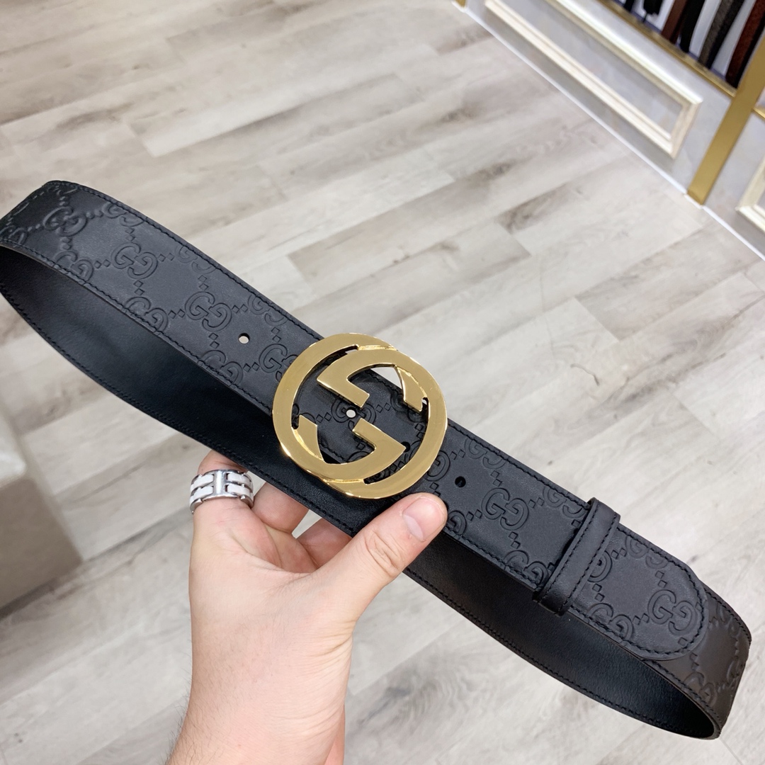 Gucci 古奇官网经典 正品规格 原版品质 ✨ 头层小牛皮压花 专柜新版内衬底皮 进口头层皮底 40mm 抛光亮面双G扣 /