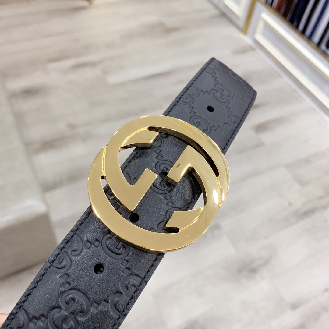 Gucci 古奇官网经典 正品规格 原版品质 ✨ 头层小牛皮压花 专柜新版内衬底皮 进口头层皮底 40mm 抛光亮面双G扣 /