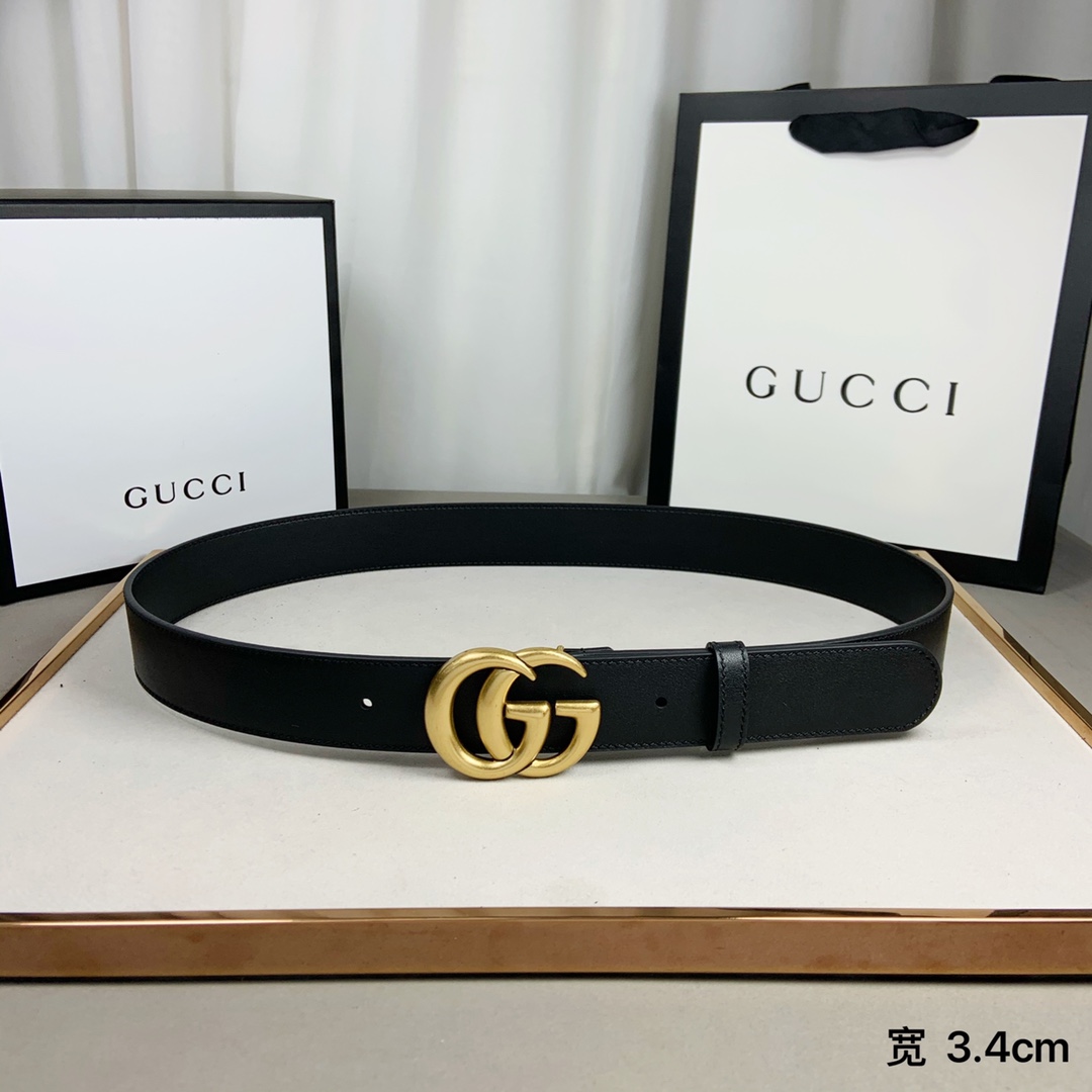 gucci (古奇) 专柜爆款 模特走秀款 双面头层牛皮 搭配纯铜标志性双g复古扣 4个宽度 . . . /