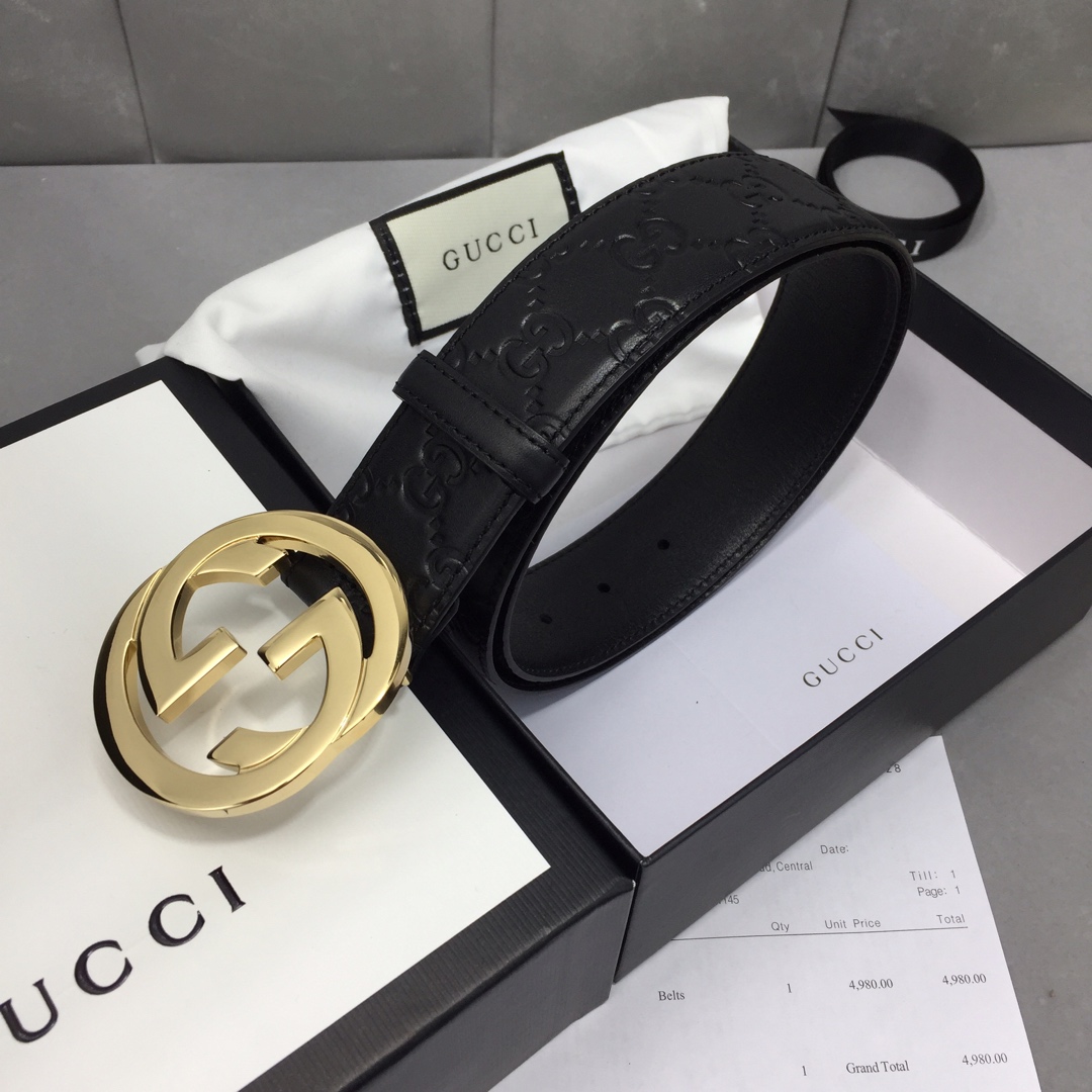GUCCI 经典全皮压花，原版进口南非皮底，精品双G钢扣 宽度：40mm /