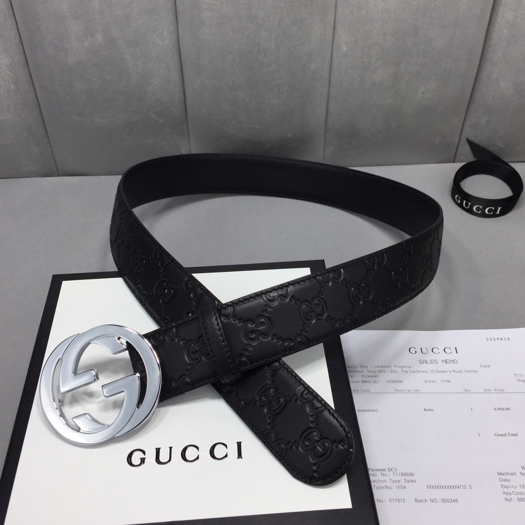 Gucci 古奇官网经典 正品规格 原版品质 ✨ 头层小牛皮压花 专柜新版内衬底皮 进口头层皮底 40mm 抛光亮面双G扣 /