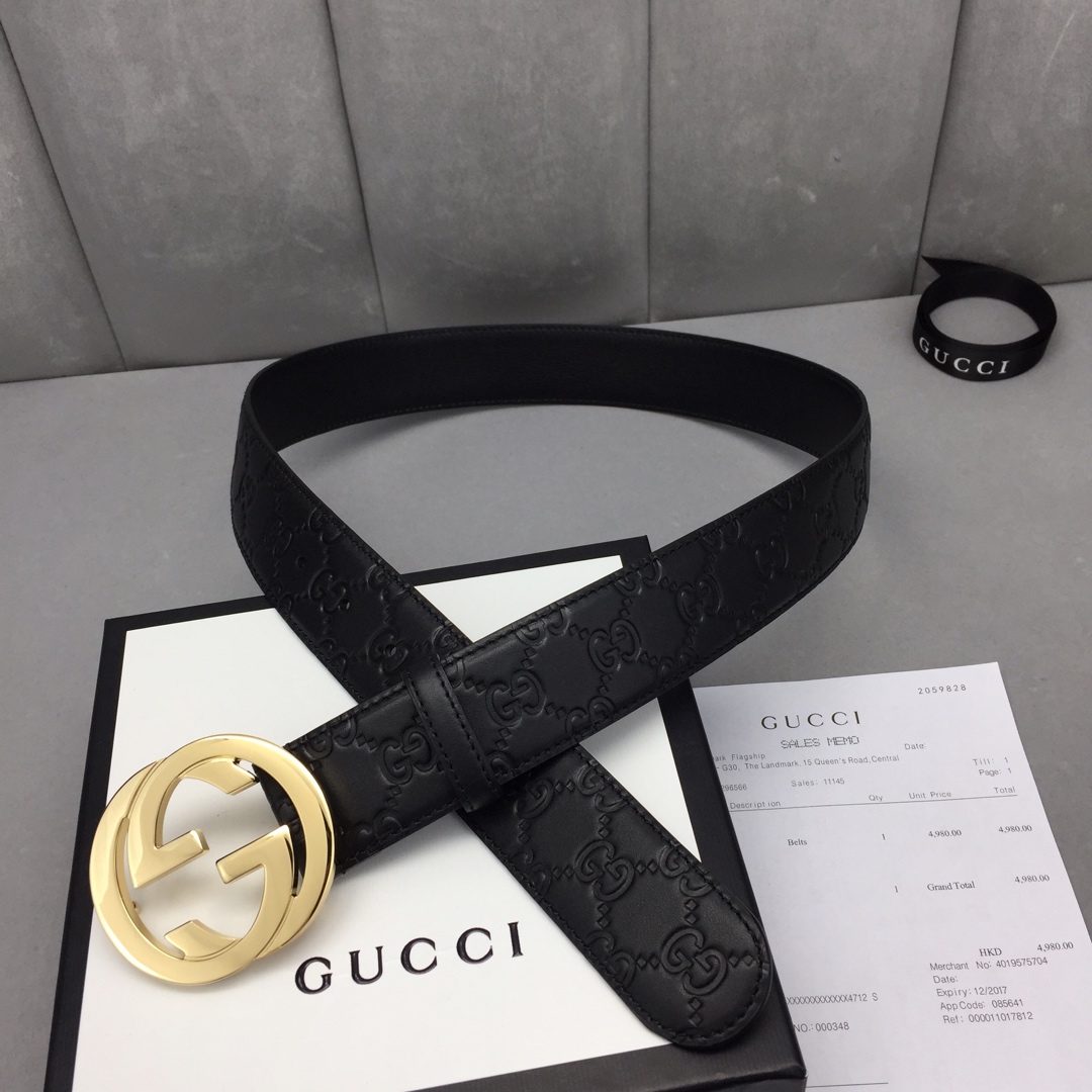 GUCCI 经典全皮压花，原版进口皮底，精品双G钢扣 宽度40mm /