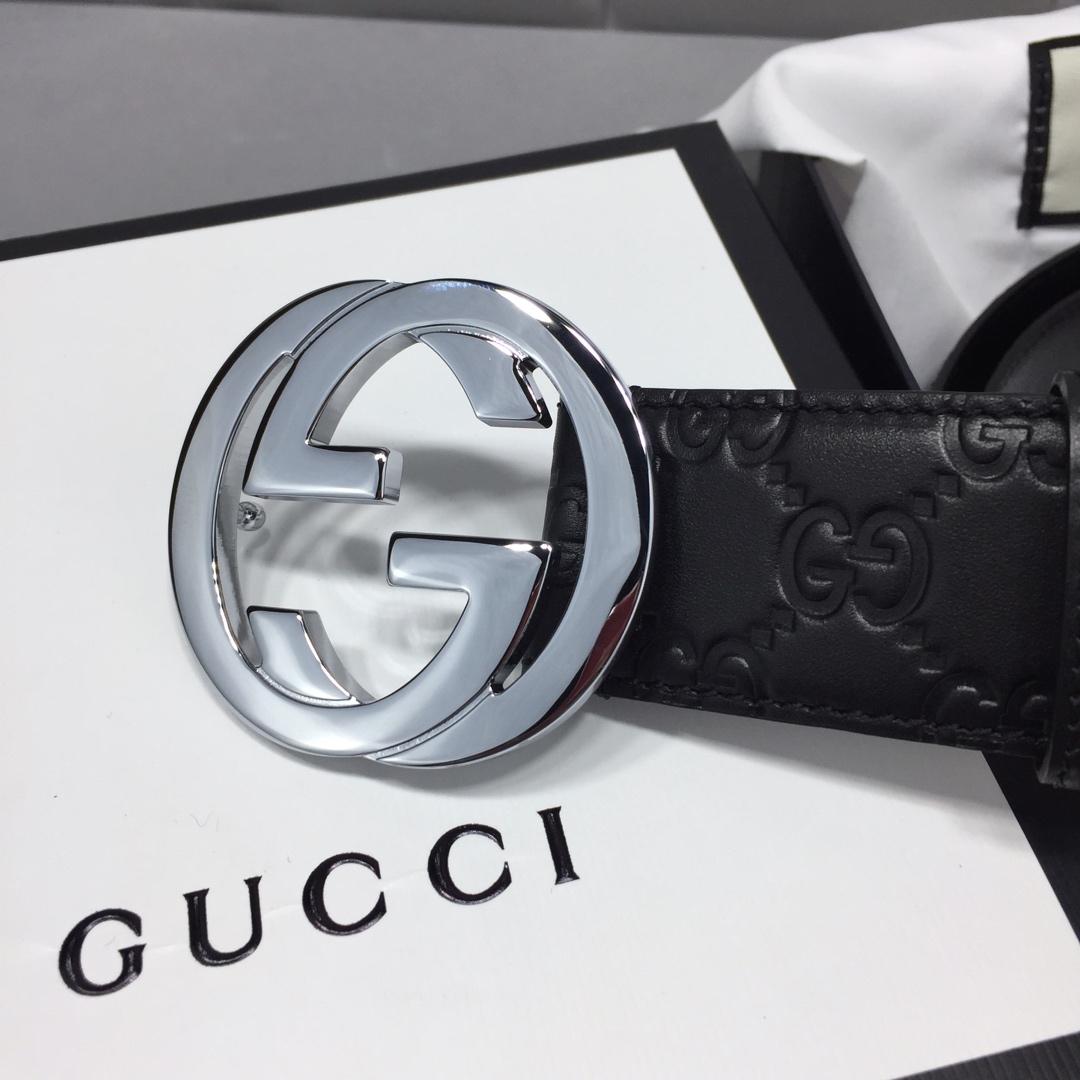 GUCCI 经典全皮压花，原版进口南非皮底，精品双G钢扣 宽度：40mm /