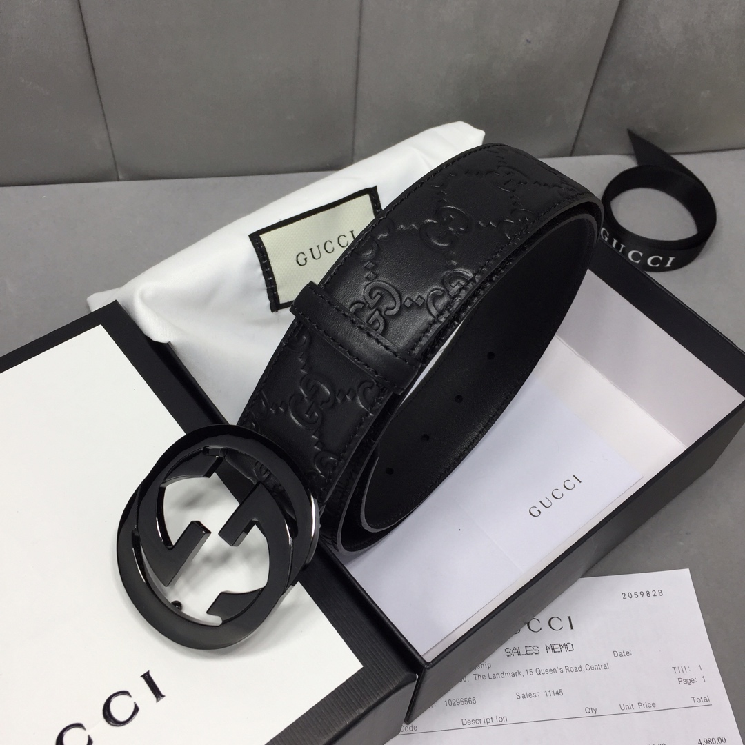 GUCCI 经典全皮压花，原版进口南非皮底，精品双G钢扣 宽度：40mm /
