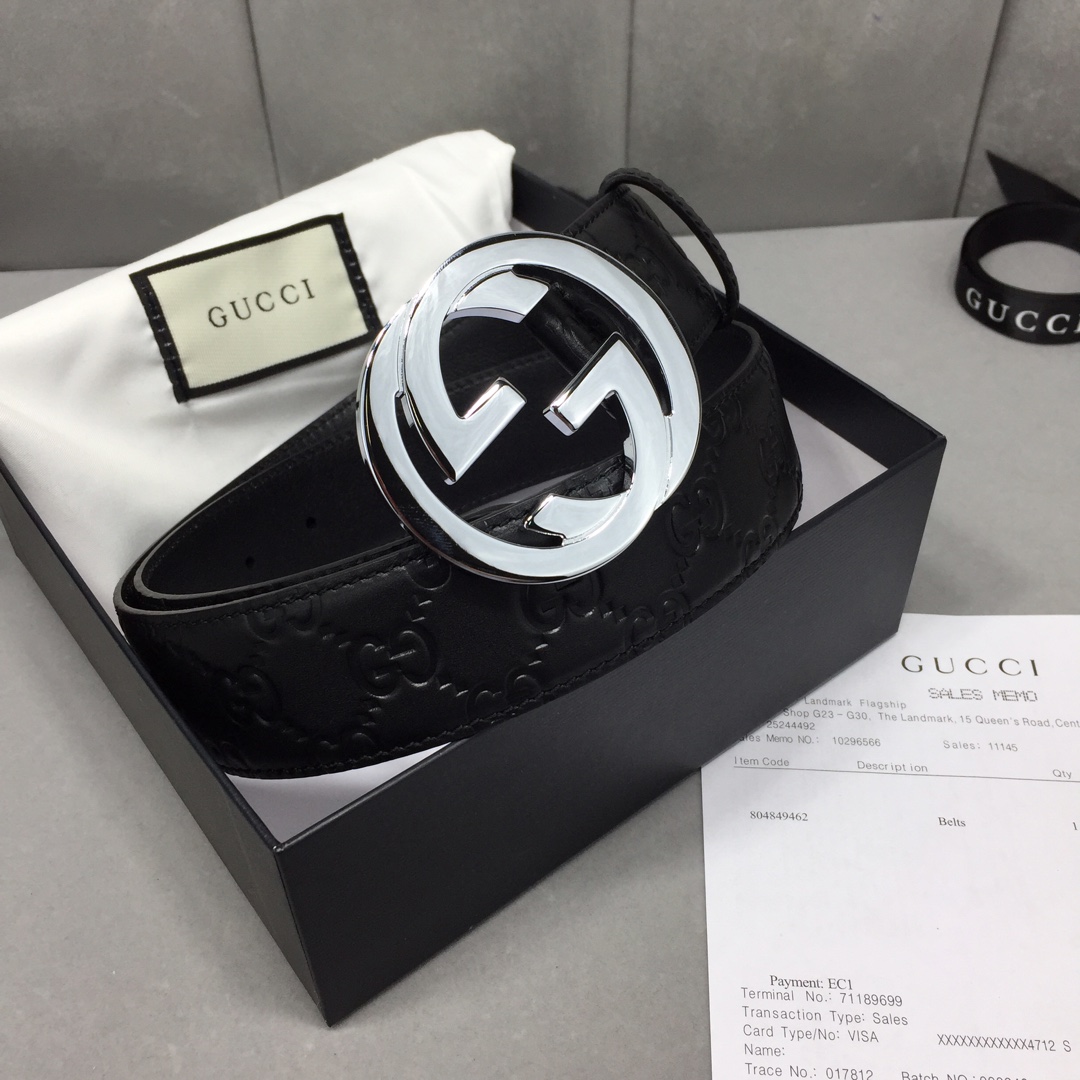 GUCCI 经典全皮压花，原版进口南非皮底，精品双G钢扣 宽度：40mm /