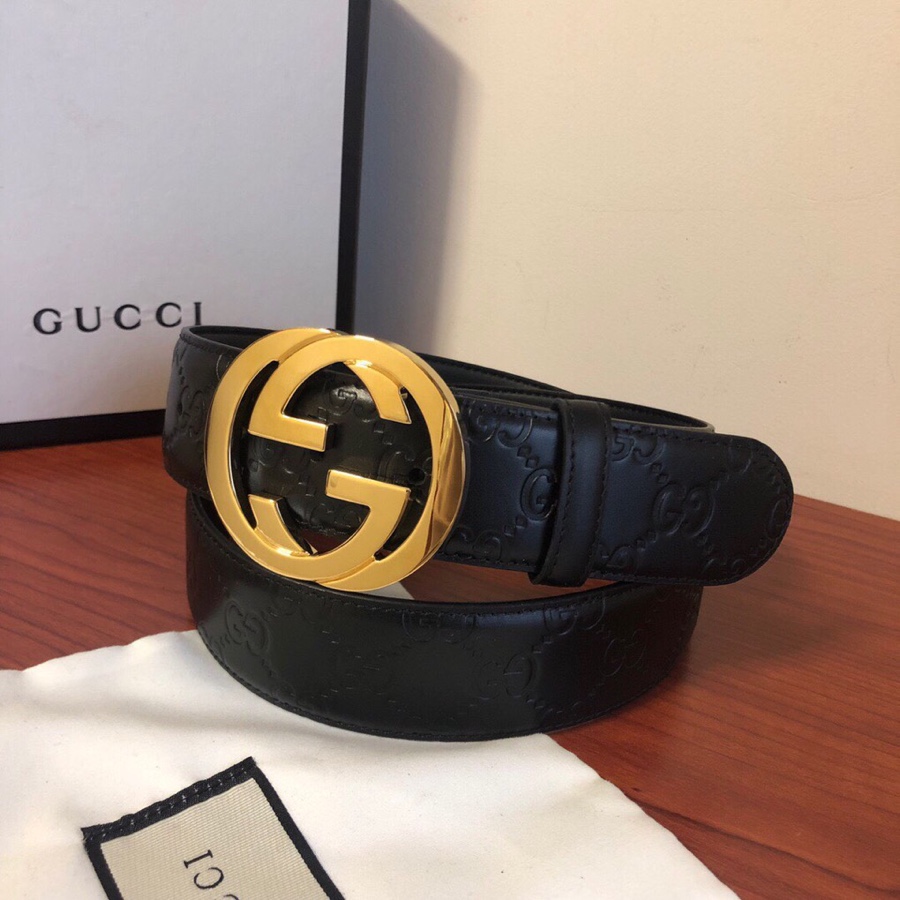 GUCCI古弛意大利制造经典双G压花进口牛皮腰带皮带，商务休闲，宽度:38mm 专柜包装 /