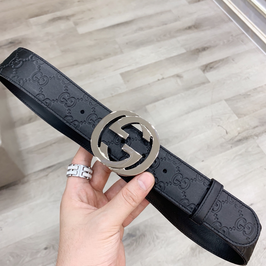 Gucci 古奇官网经典 正品规格 原版品质 ✨ 头层小牛皮压花 专柜新版内衬底皮 进口头层皮底 40mm 抛光亮面双G扣 /