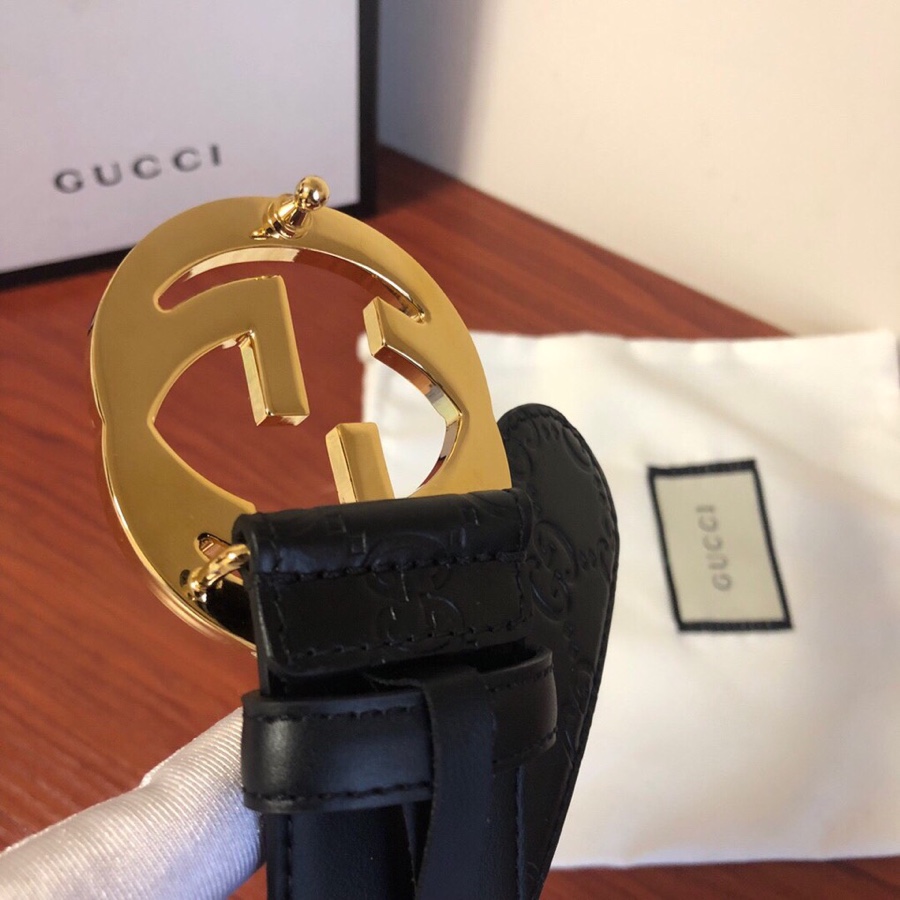 GUCCI古弛意大利制造经典双G压花进口牛皮腰带皮带，商务休闲，宽度:38mm 专柜包装 /