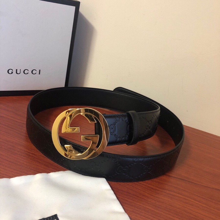 GUCCI古弛意大利制造经典双G压花进口牛皮腰带皮带，商务休闲，宽度:38mm 专柜包装 /