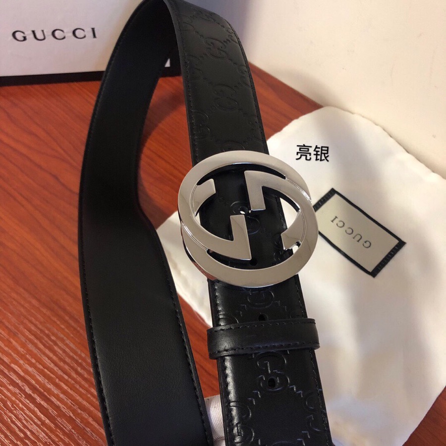 GUCCI古弛意大利制造经典双G压花进口牛皮腰带皮带，商务休闲，宽度:38mm 专柜包装 /