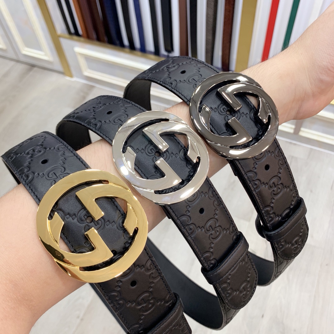 Gucci 古奇官网经典 正品规格 原版品质 ✨ 头层小牛皮压花 专柜新版内衬底皮 进口头层皮底 40mm 抛光亮面双G扣 /