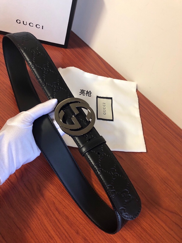 GUCCI古弛意大利制造经典双G压花进口牛皮腰带皮带，商务休闲，宽度:38mm 专柜包装 /