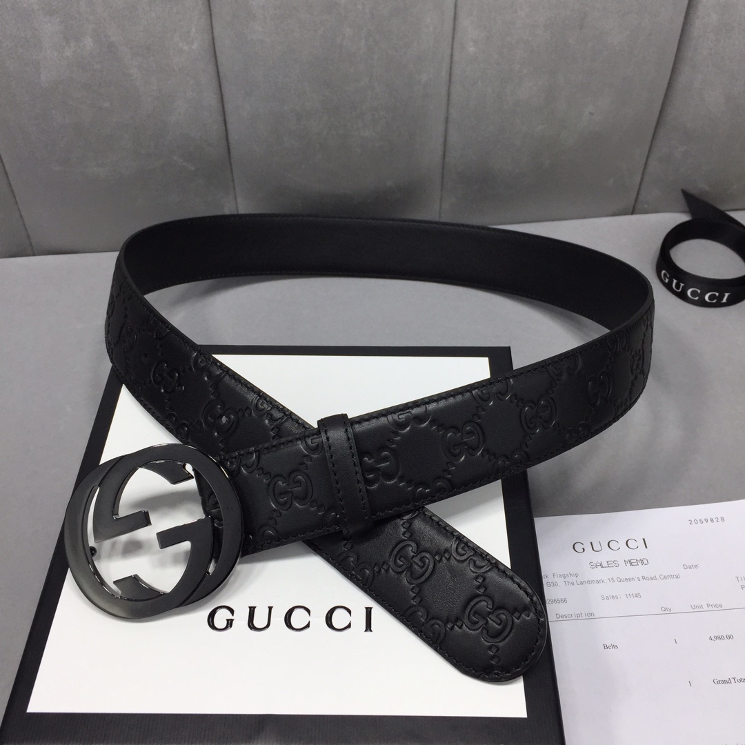 GUCCI 经典全皮压花，原版进口南非皮底，精品双G钢扣 宽度：40mm /