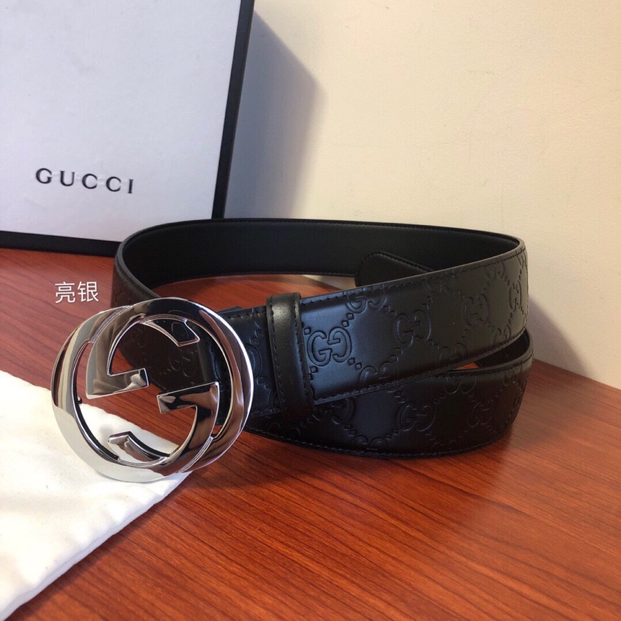GUCCI古弛意大利制造经典双G压花进口牛皮腰带皮带，商务休闲，宽度:38mm 专柜包装 /