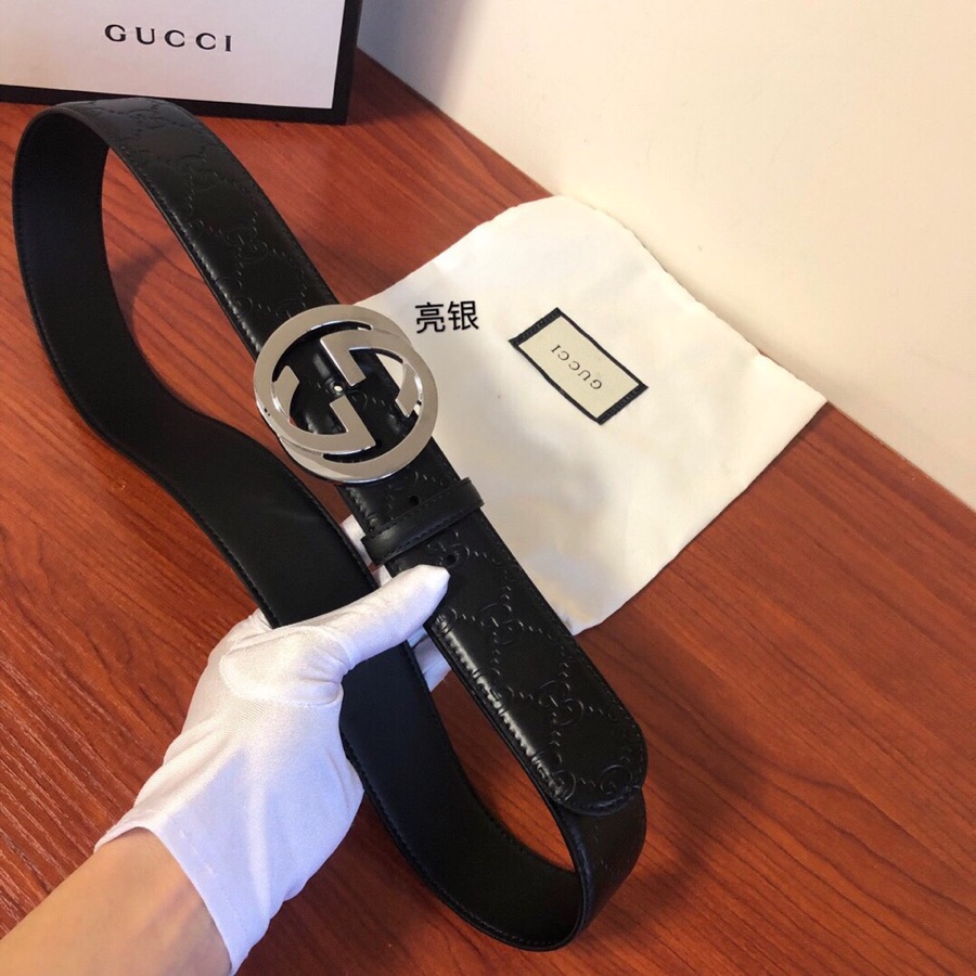 GUCCI古弛意大利制造经典双G压花进口牛皮腰带皮带，商务休闲，宽度:38mm 专柜包装 /