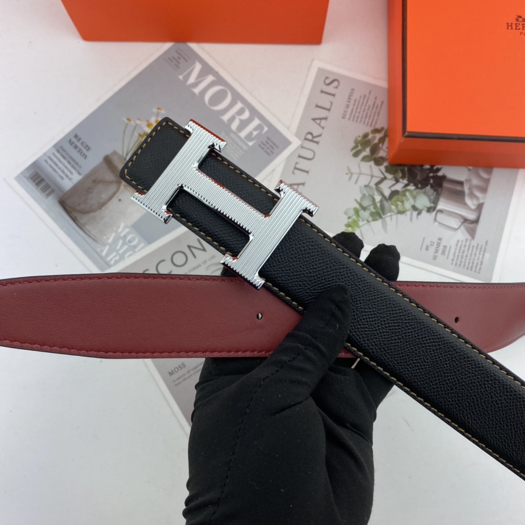 Hermes爱马仕 男士双面皮腰带38mm 双面进口花纹皮压制。可双面使用 专柜走线 搭配新款扣。 /