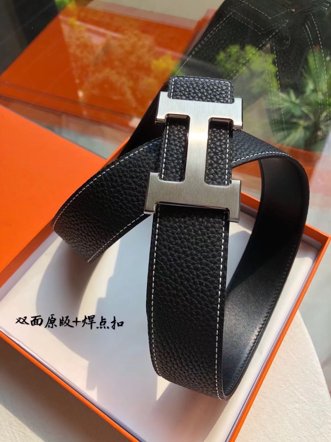 Hermes爱马仕 男士双面原版皮腰带38mm，搭配精钢H焊点扣 /