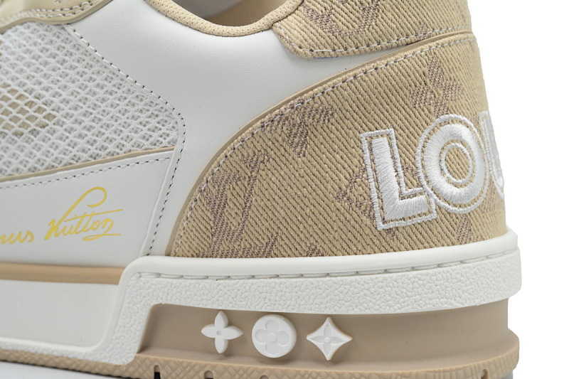 【EA0ET】牛仔杏色魔术贴 LV板鞋 Louis Vuitton Trainer Apricot 网眼经典印花 时尚板鞋