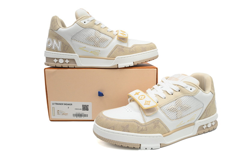 【EA0ET】牛仔杏色魔术贴 LV板鞋 Louis Vuitton Trainer Apricot 网眼经典印花 时尚板鞋