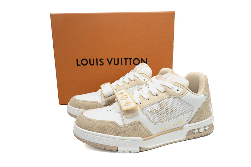 【EA0ET】牛仔杏色魔术贴 LV板鞋 Louis Vuitton Trainer Apricot 网眼经典印花 时尚板鞋