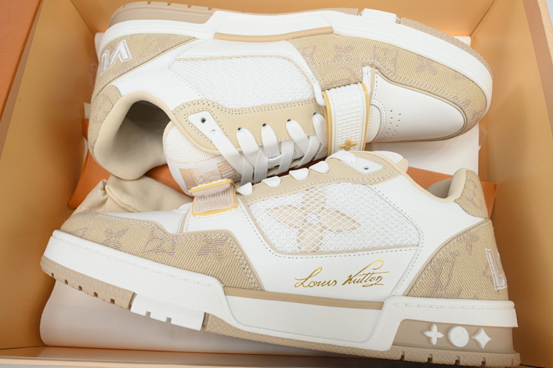 【EA0ET】牛仔杏色魔术贴 LV板鞋 Louis Vuitton Trainer Apricot 网眼经典印花 时尚板鞋