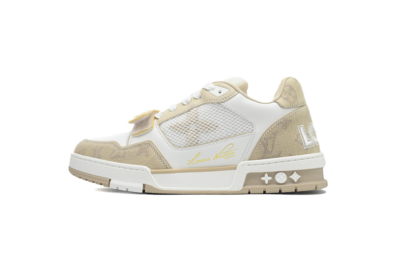 【EA0ET】牛仔杏色魔术贴 LV板鞋 Louis Vuitton Trainer Apricot 网眼经典印花 时尚板鞋