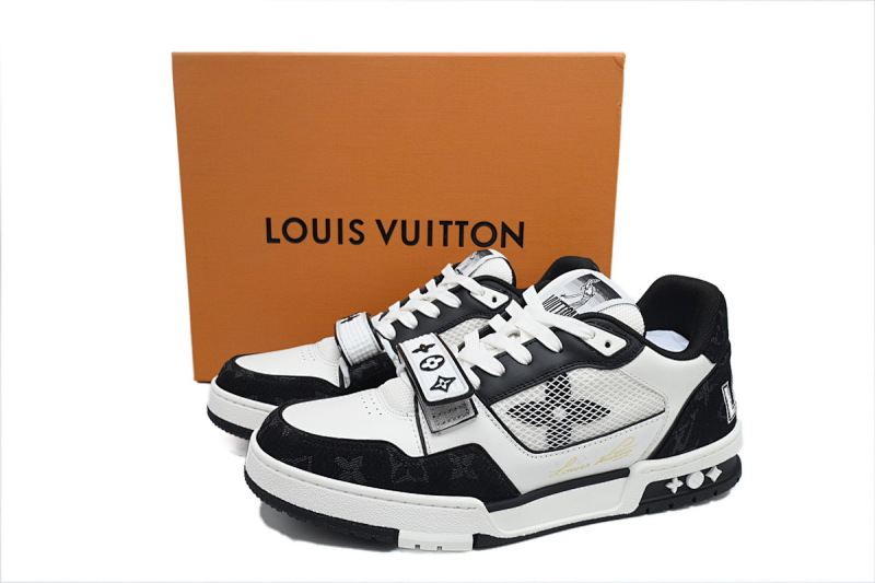 【EA0ET】牛仔黑色魔术贴 LV板鞋 Louis Vuitton Trainer Black 网眼经典印花 时尚板鞋
