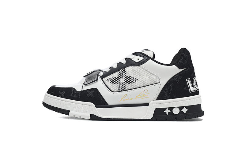 【EA0ET】牛仔黑色魔术贴 LV板鞋 Louis Vuitton Trainer Black 网眼经典印花 时尚板鞋