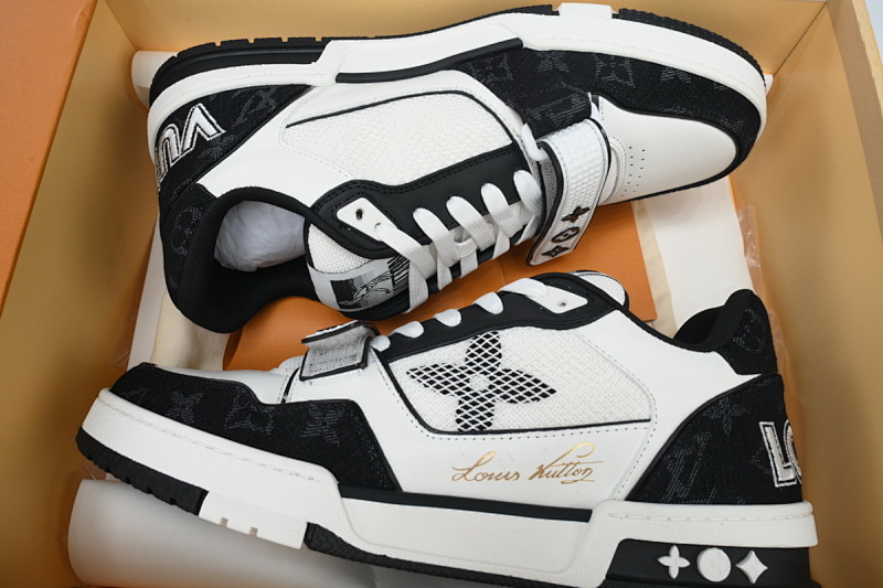 【EA0ET】牛仔黑色魔术贴 LV板鞋 Louis Vuitton Trainer Black 网眼经典印花 时尚板鞋