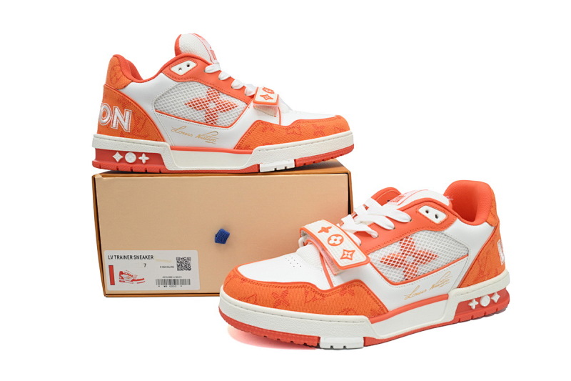 【EA0ET】牛仔橙色魔术贴 LV板鞋 Louis Vuitton Trainer Orange 网眼经典印花 时尚板鞋