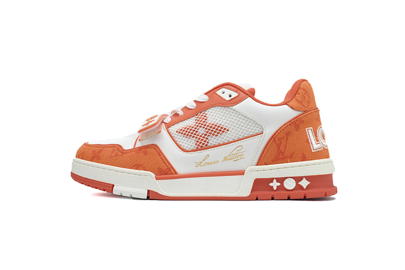 【EA0ET】牛仔橙色魔术贴 LV板鞋 Louis Vuitton Trainer Orange 网眼经典印花 时尚板鞋