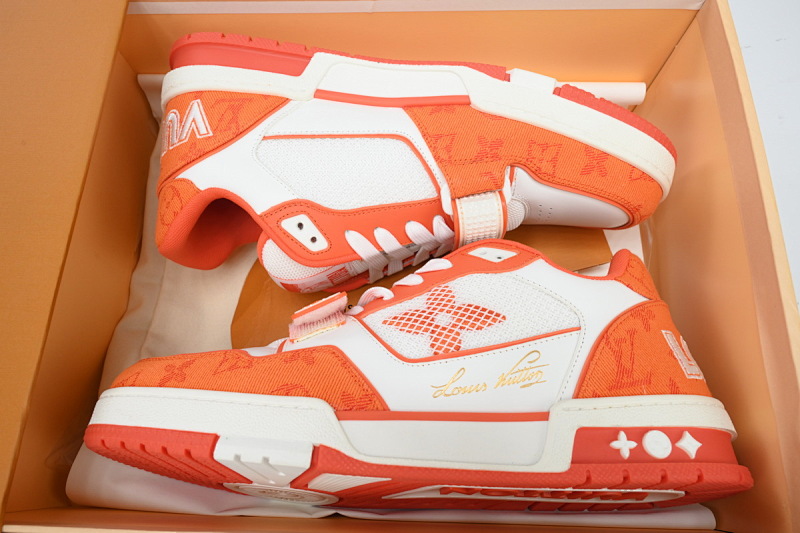 【EA0ET】牛仔橙色魔术贴 LV板鞋 Louis Vuitton Trainer Orange 网眼经典印花 时尚板鞋