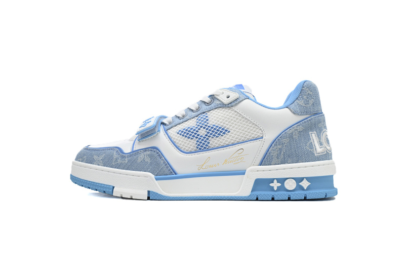 【EA0ET】牛仔蓝色魔术贴 LV板鞋 Louis Vuitton Trainer Blue 网眼经典印花 时尚板鞋