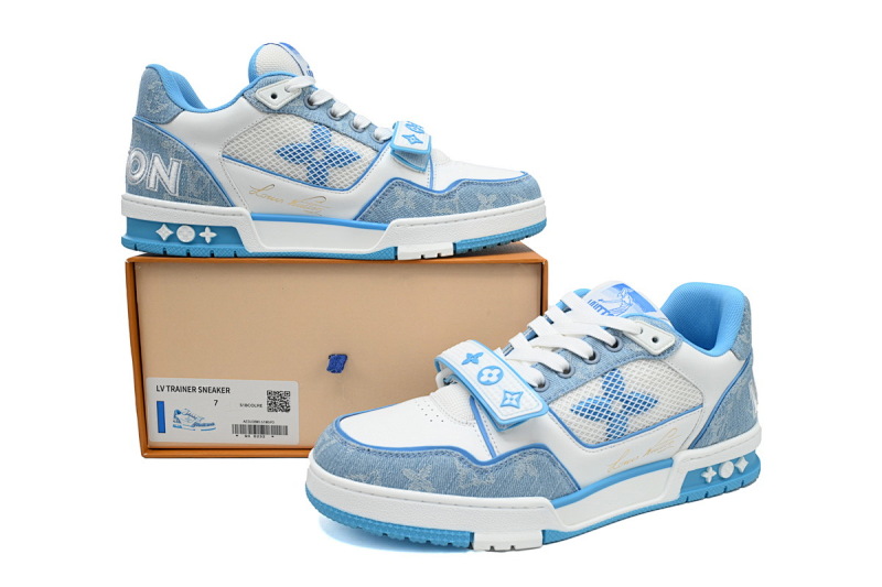 【EA0ET】牛仔蓝色魔术贴 LV板鞋 Louis Vuitton Trainer Blue 网眼经典印花 时尚板鞋